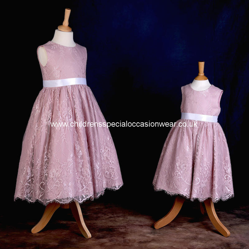Girls Dusky Pink Fringe Lace Dress with White Sash Flower Girl Dress childrensspecialoccasionwear